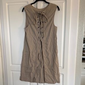 Sleeveless Taupe Lace-Up Linen Blend Dress